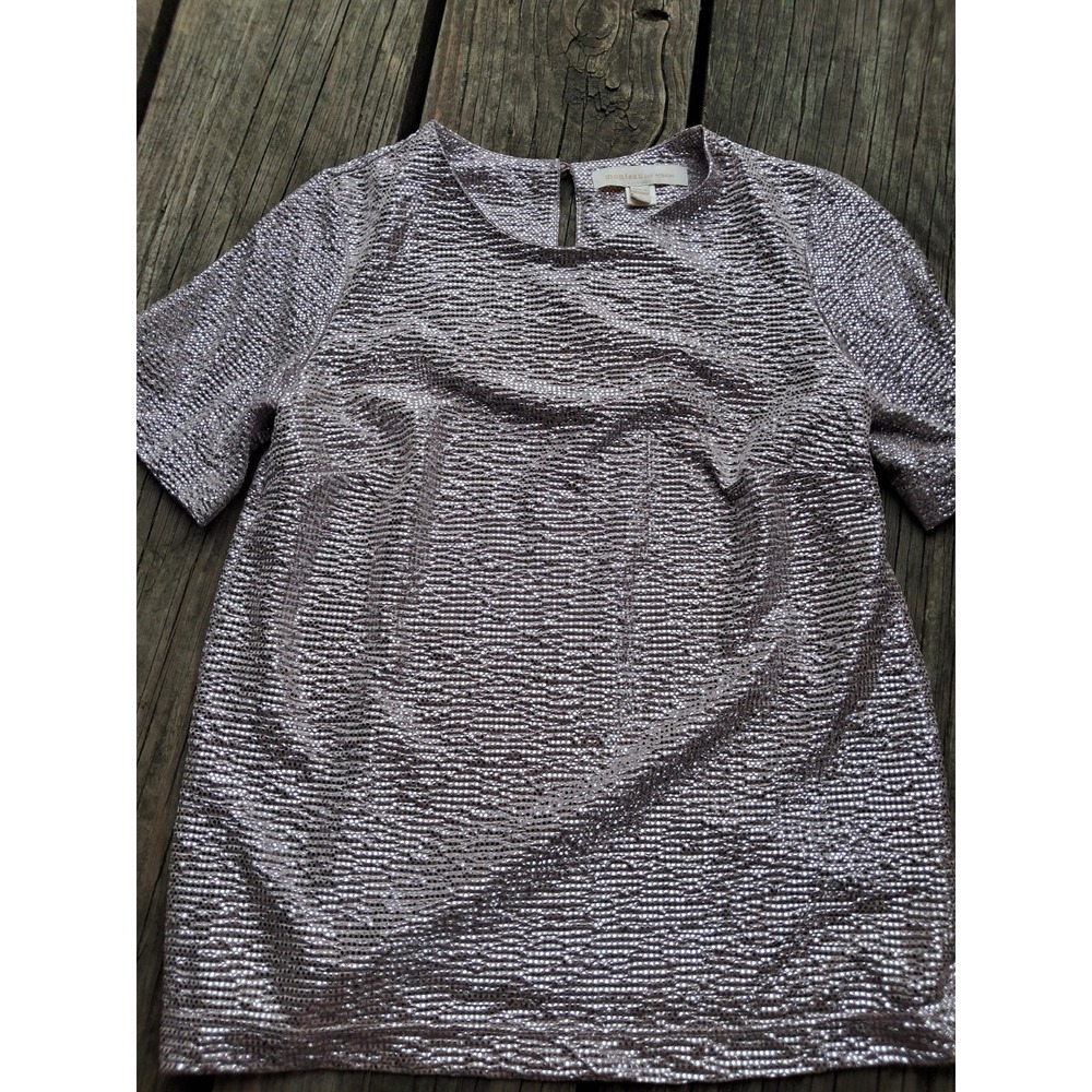 Monteau Los Angeles Silver Pink Metallic Short Sleeve Blouse, Small C4
